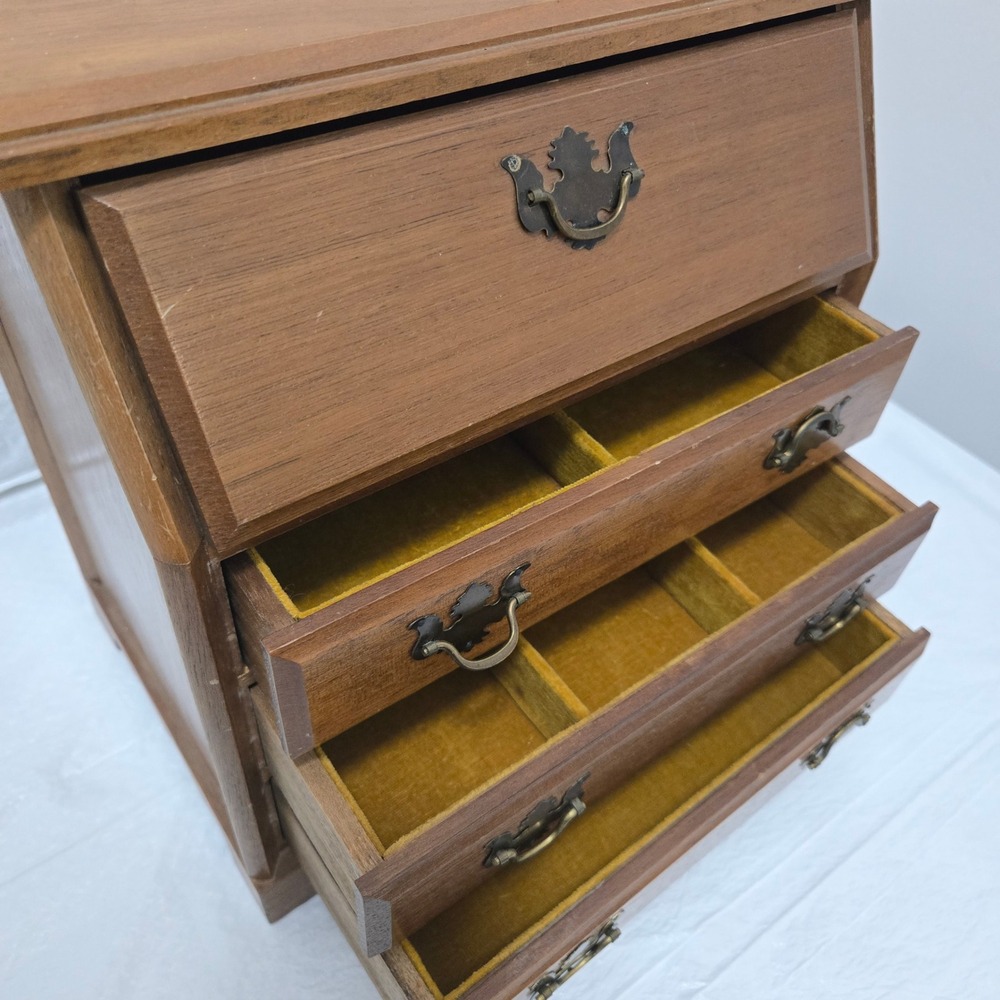 Vintage Wooden Miniature Secretary Desk Jewelry Box 4 Drawer Brass Pulls Brown